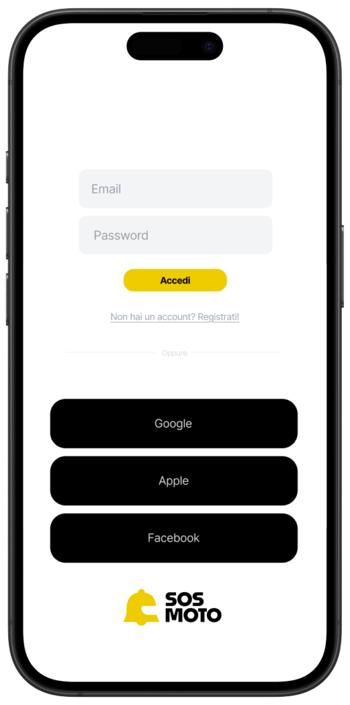 Schermata di accesso dell’app SOS Moto con login via email, Google, Apple e Facebook per motociclisti